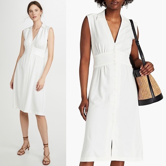 BA&SH Ivory Crepe Sleeveless Shirt Collar Gathered Button Front Midi Dress XS - Picture 1 of 14